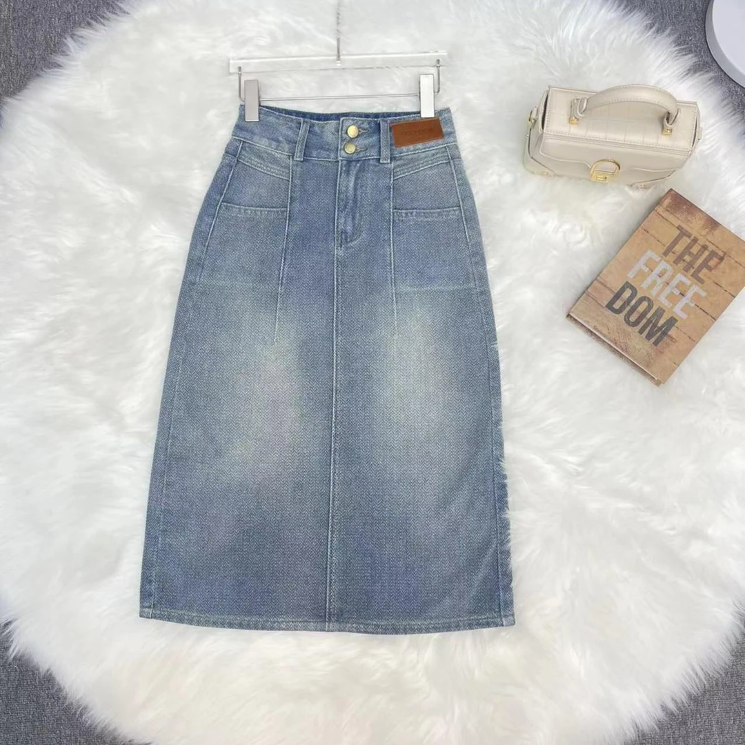 夏季新款韩版星空纹显瘦牛仔半身裙高腰开叉时尚百搭气质中长裙