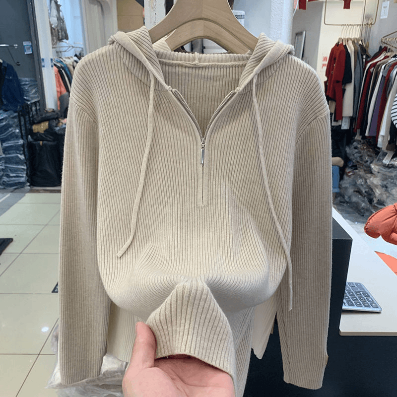 宽松显瘦【80-200斤】连帽毛衣女秋冬季设计感上衣简约拉链打底衫潮