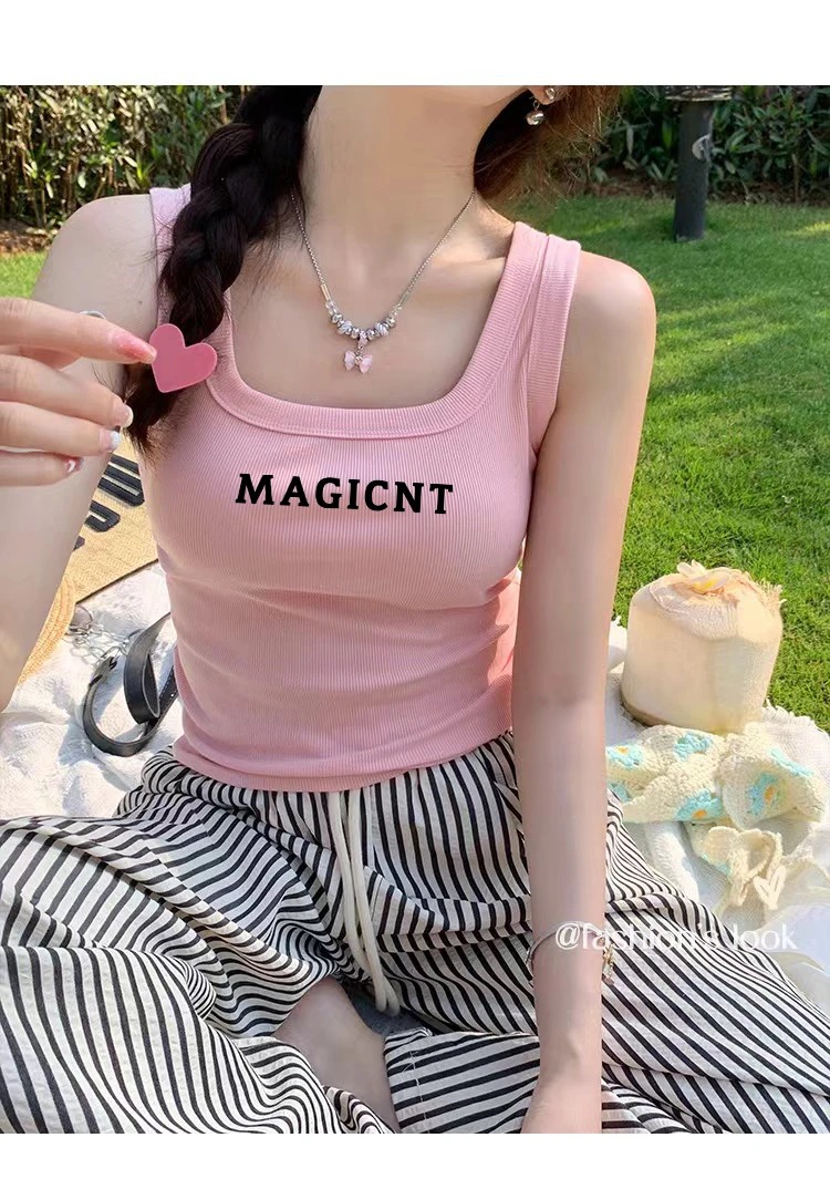 美式工装方领背心女修身背带美背上衣显瘦多巴胺内搭打底无袖夏