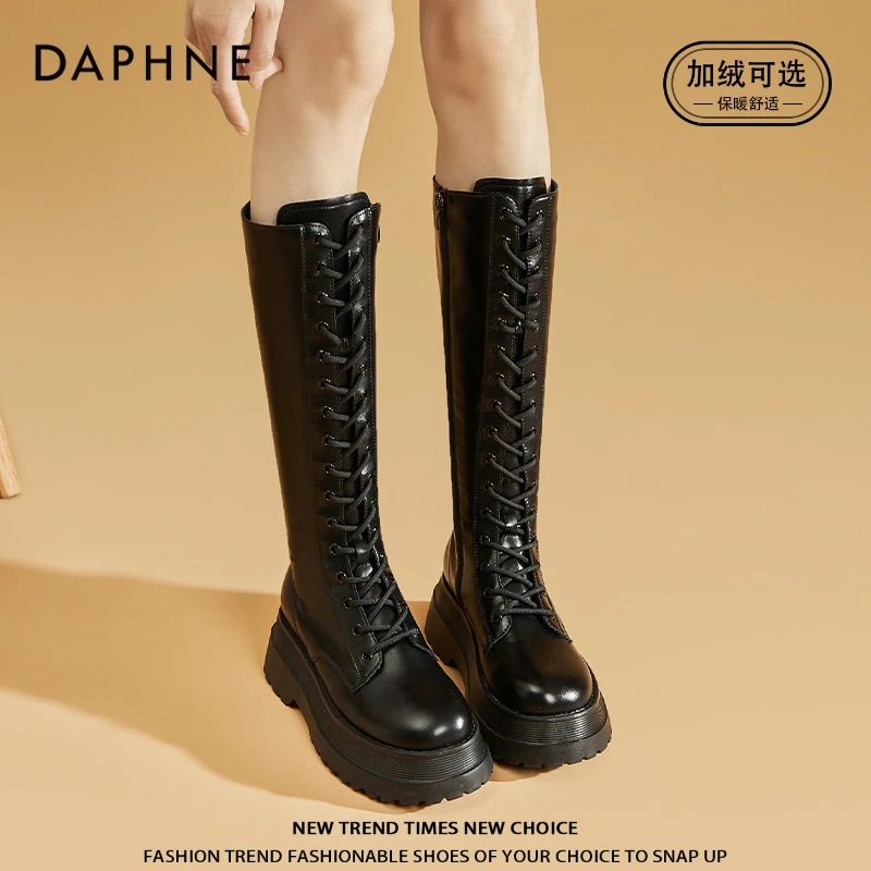 达芙妮厚底黑色高筒长筒靴女爆款冬季加绒系带长靴粗跟英伦骑士靴