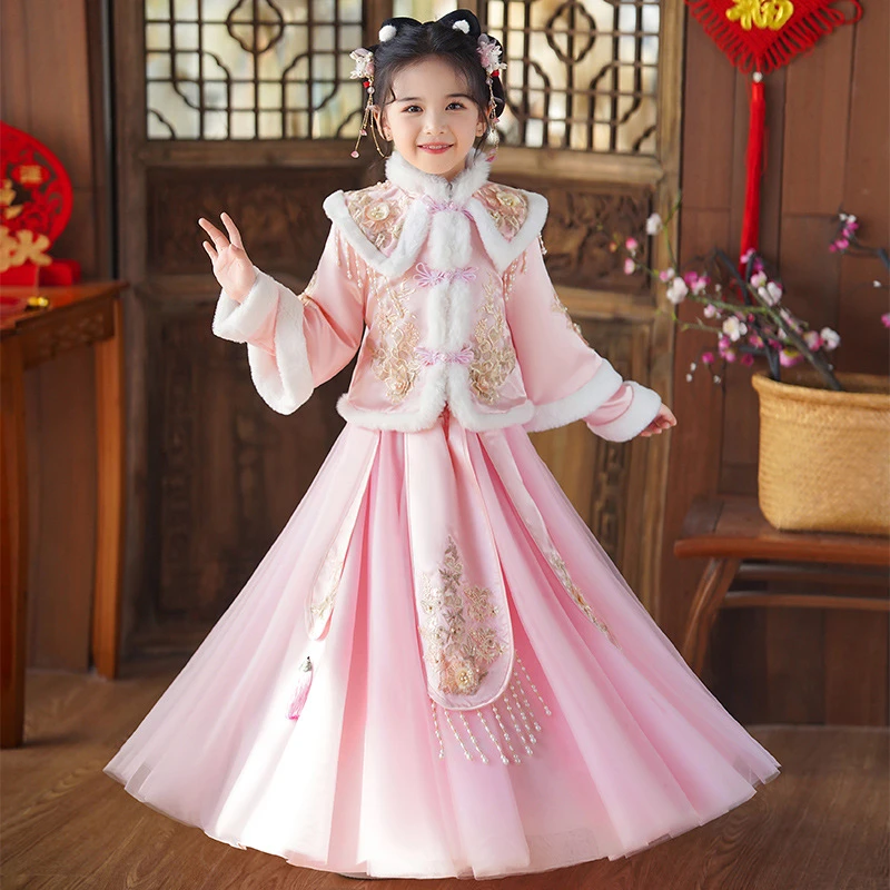 女童汉服冬季加绒拜年服2024新款儿童唐装裙小女孩过年服古装裙子