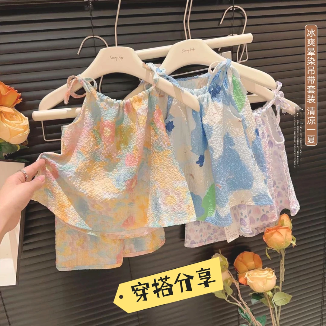 夏季新款油画风吊带套装女童洋气碎花背心裙裤宝宝两件套