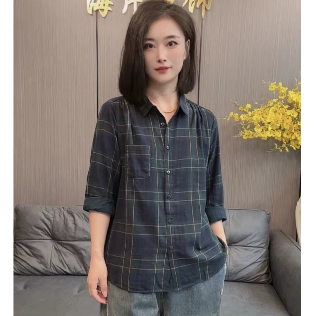 【海片】85136女士秋款格子条纹衬衫复古休闲时尚格纹宽松韩版长袖