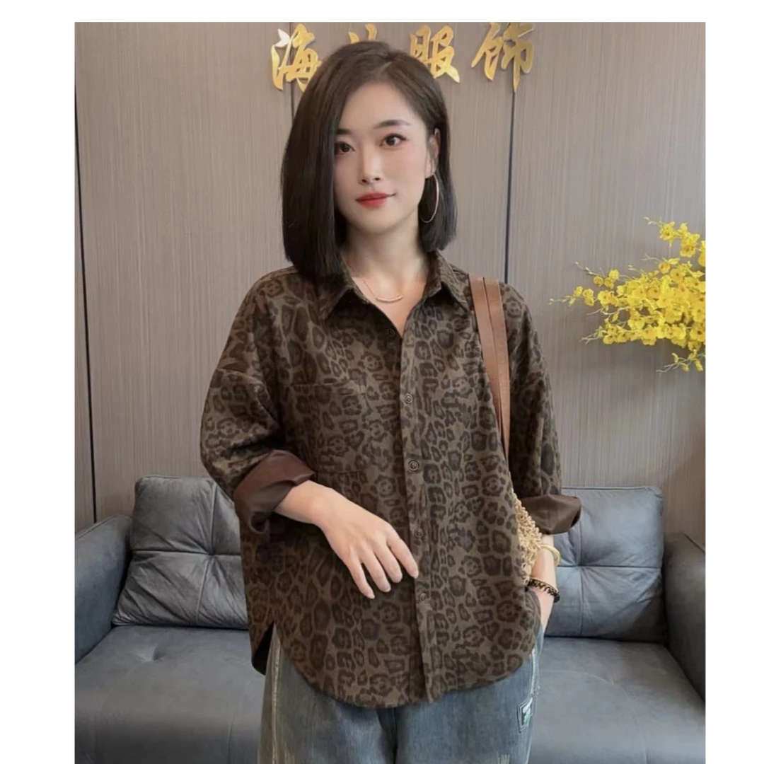【海片】9950女士秋裤鸡皮绒豹纹衬衫外套宽松休闲复古时尚长袖