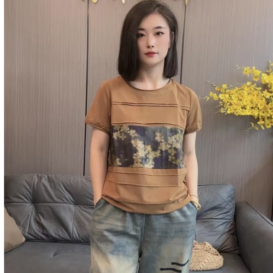 835女士夏款T恤圆领显瘦休闲时尚百搭拼接潮流减龄