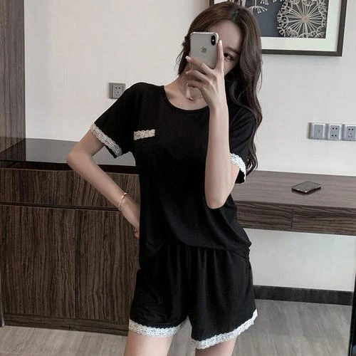 睡衣女夏季短袖莫代尔棉黑色薄款两件套装甜美学生家居服可外穿