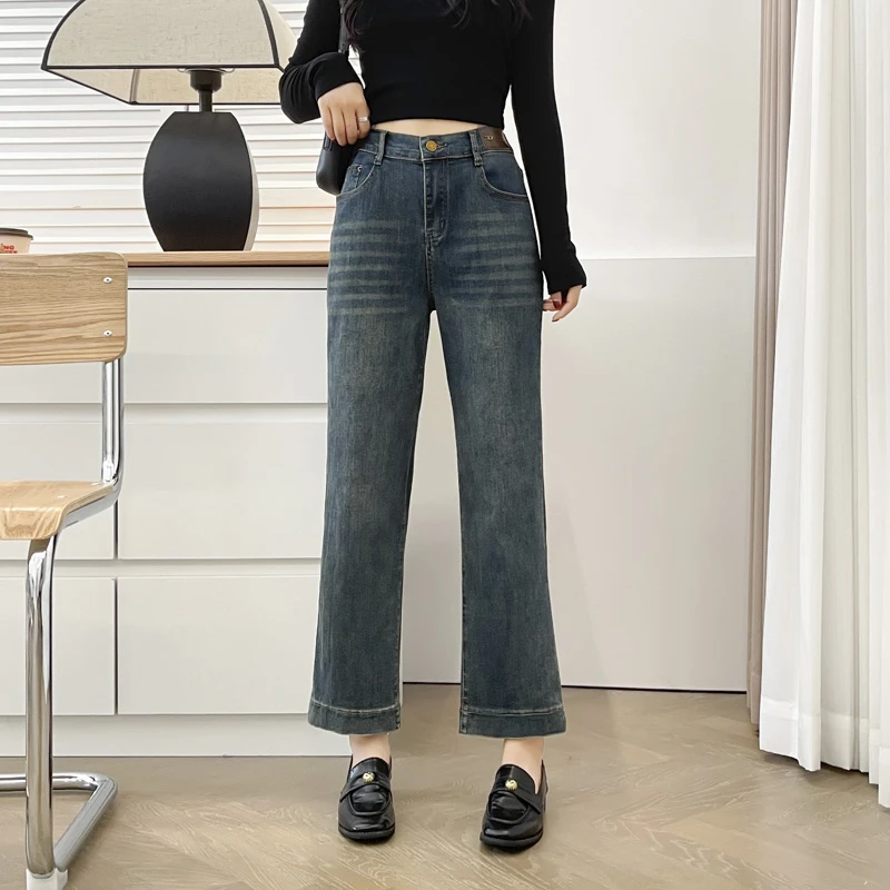 小个子牛仔裤大码女胖mm早秋2024新款显瘦半松紧腰弹力九分直筒裤