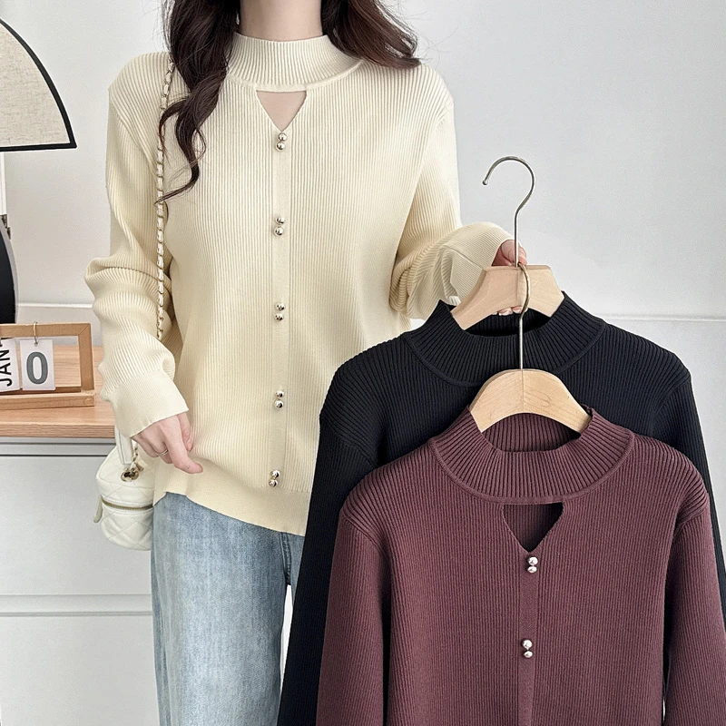 针织衫大码女胖mm正肩内搭2024年秋冬新款时尚洋气镂空半高领毛衣