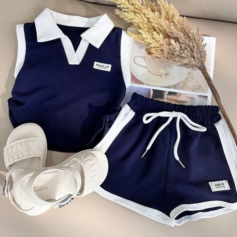 圆子家 儿童无袖POLO洋气短裤两件套女童学院风套装时尚两件套潮