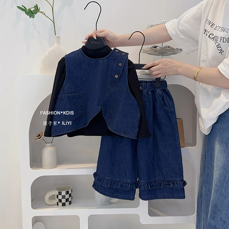 韩版女童秋季新款洋气春秋装森系上衣+裤子三件套儿童牛仔套装