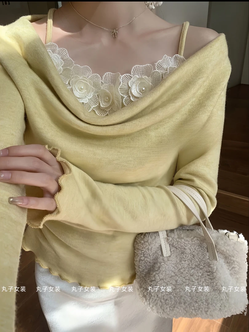 韩系温柔荡领手工花朵上衣2024秋冬长袖针织衫木耳边路肩打底上衣