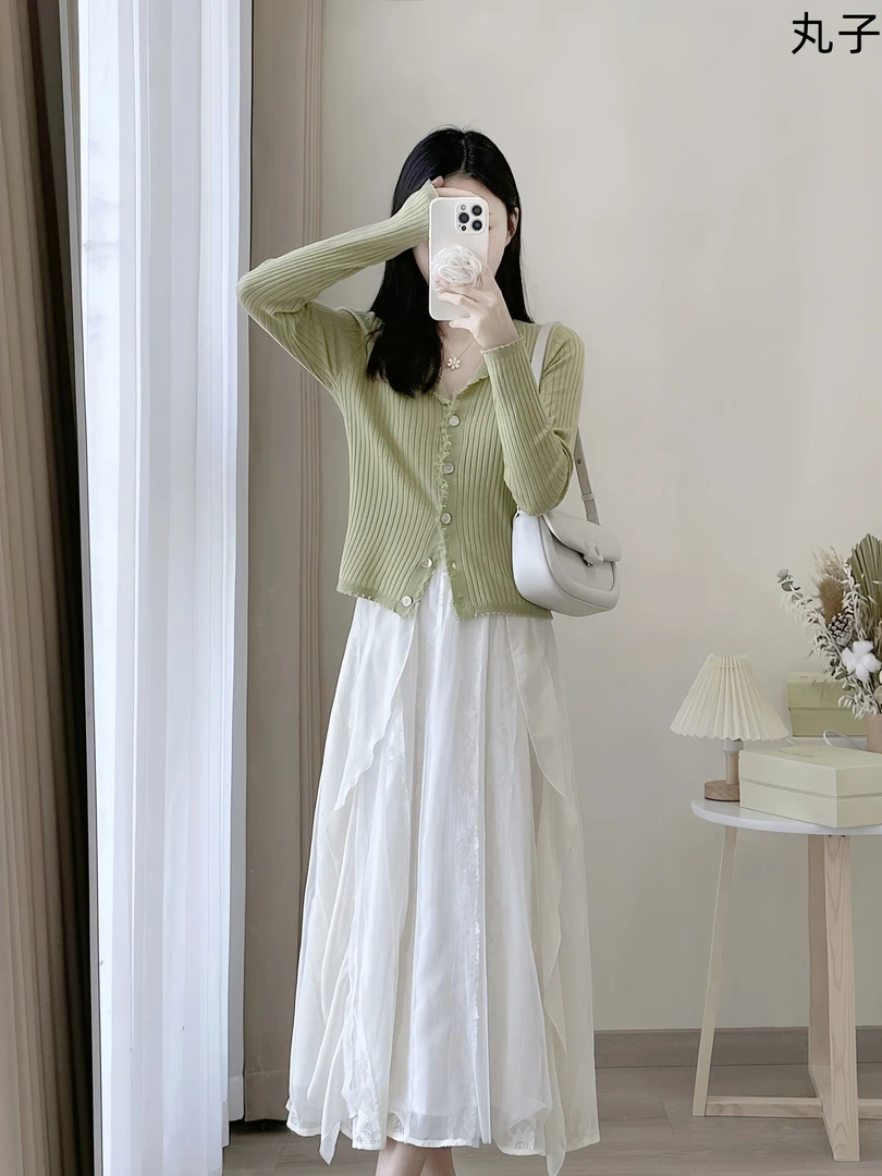 小香风套装秋季新款薄荷曼波风毛衣针织开衫外套遮大肚子半身裙女