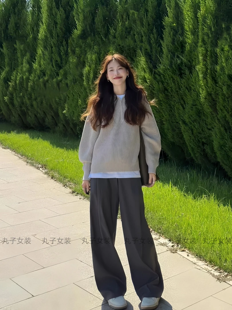 秋冬复古设计感拉链翻领长袖针织上衣宽松显瘦上衣高贵两件套女装