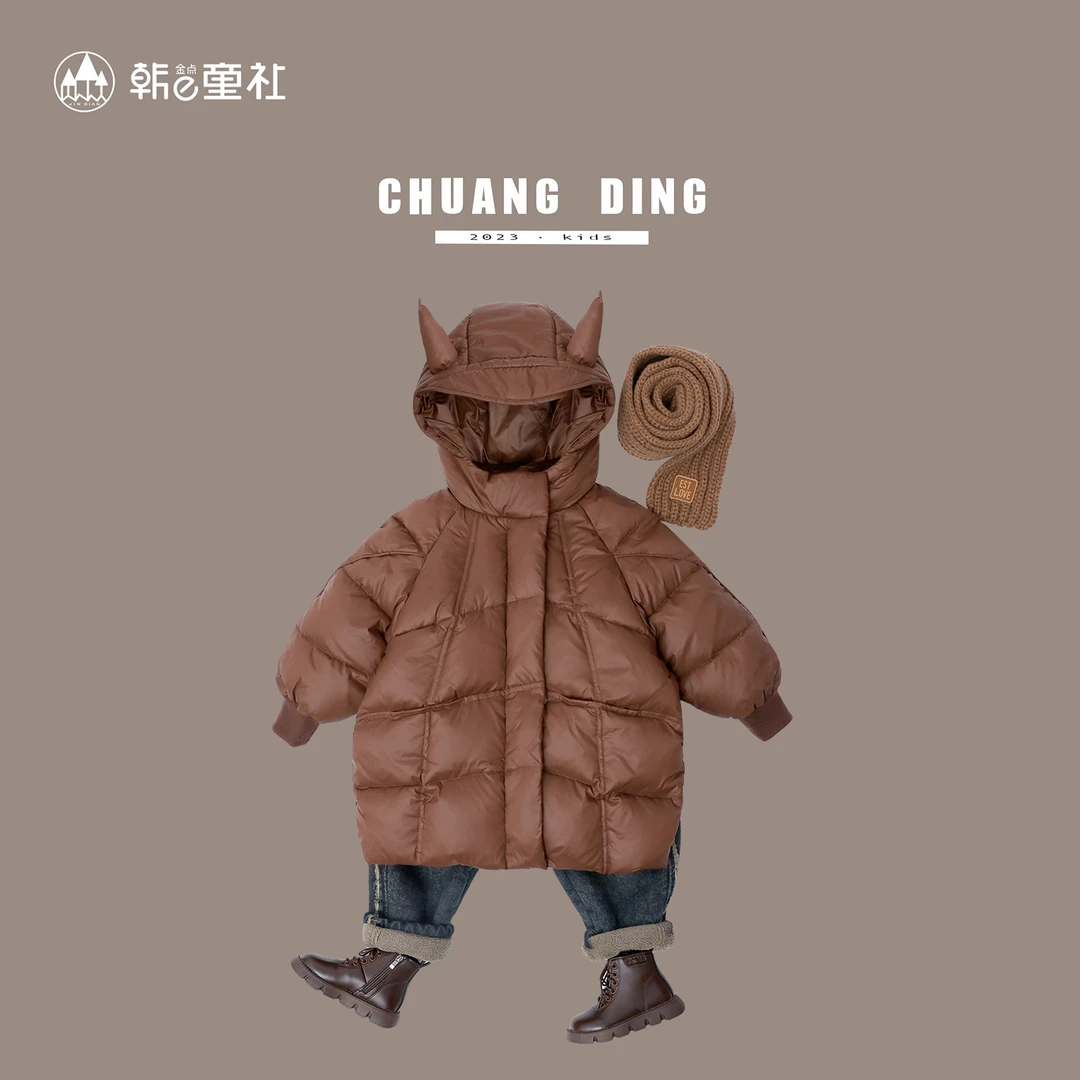 小恶魔姐弟款时尚百搭连帽长款羽绒服冬季韩版男女童可爱羽绒服