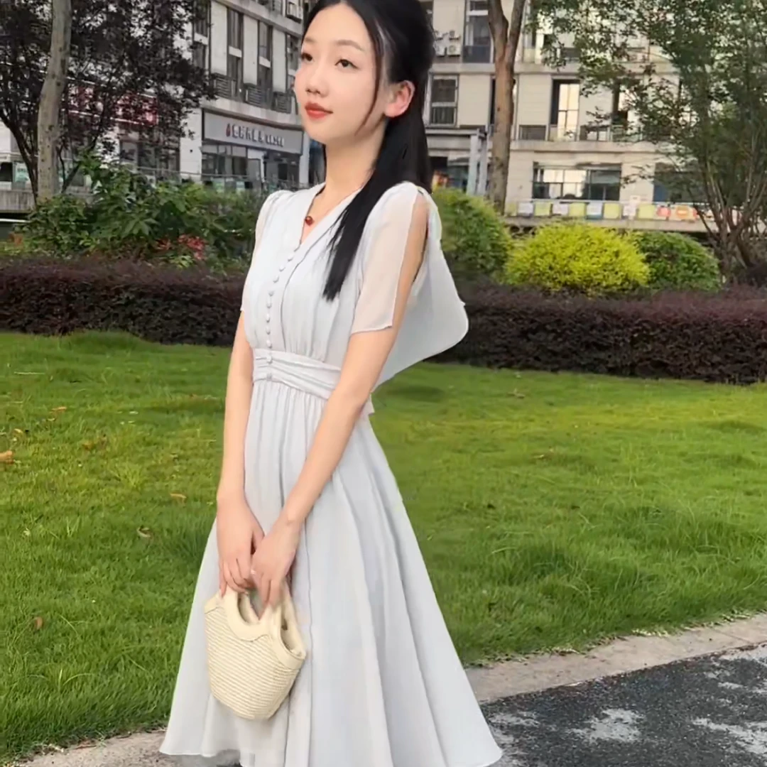 【琳美小个子】时尚气质显瘦夏季法式收腰复古长款小个子连衣裙