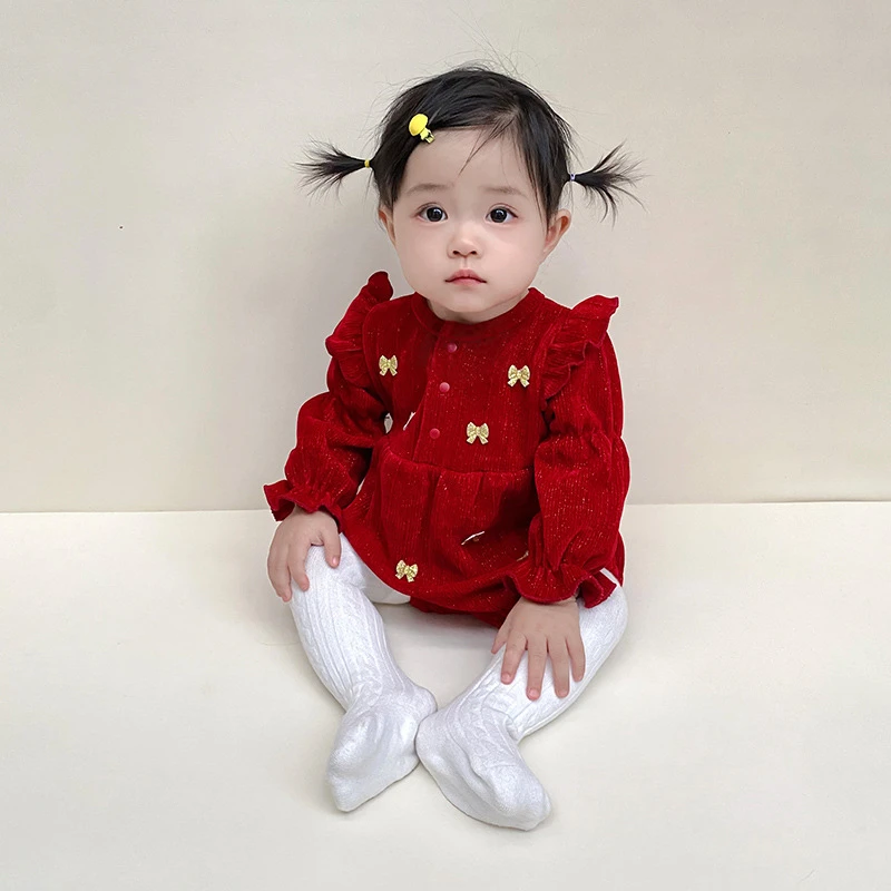 【小星星】婴儿春秋连体衣满月百天周岁礼服公主包屁衣长袖红色礼服
