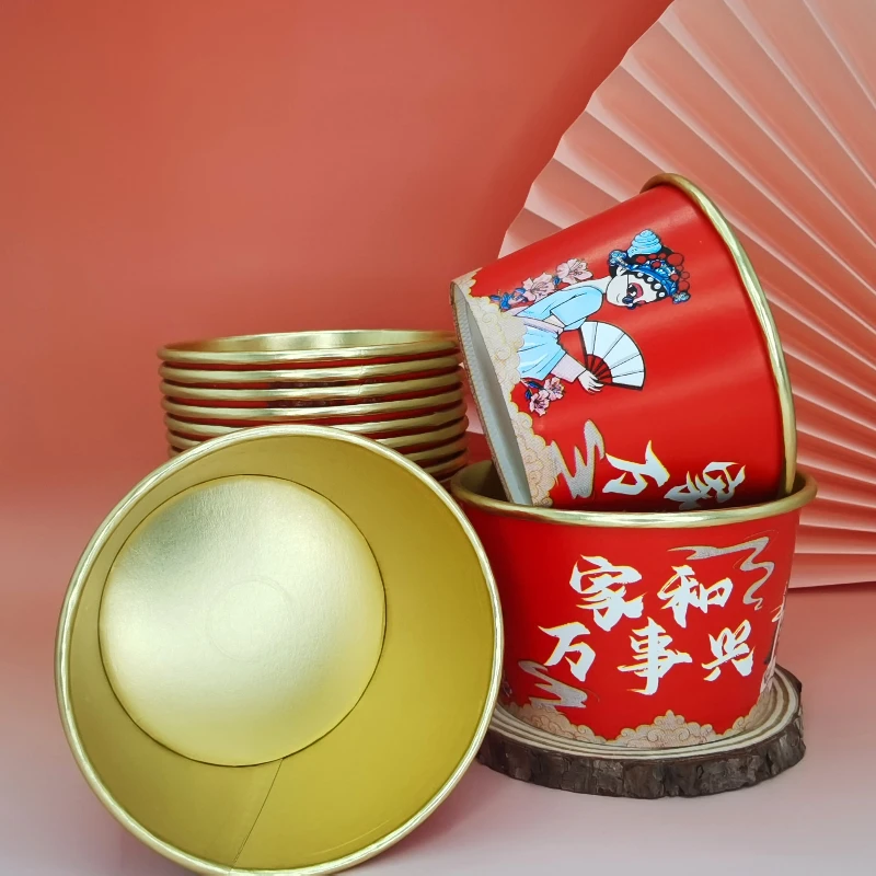 一次性家用纸碗加厚结婚高档纸碗一次性金箔纸碗结婚酒席国潮纸碗