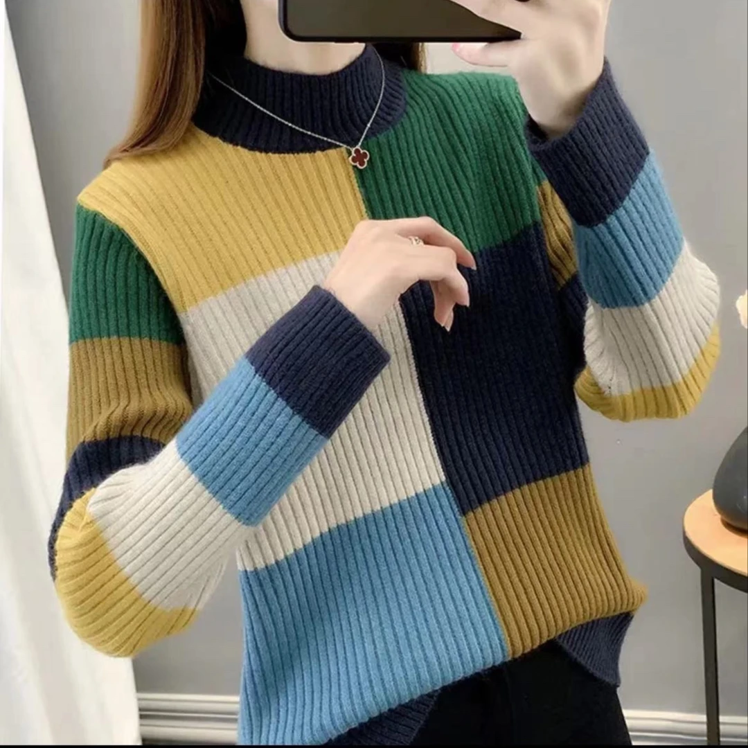 【七彩方块-藏青色】2022新款秋冬撞色七彩方块拼色针织套头毛衣