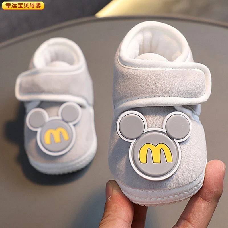 婴儿0-1岁棉鞋加绒加厚不掉脚学步鞋秋冬季宝宝软底保暖步前鞋子