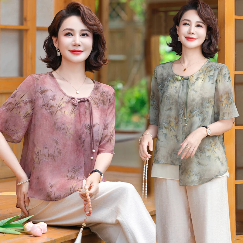 妈妈夏装短袖T恤洋气质宽松上衣服阔太太碎花套装中老年女装50岁