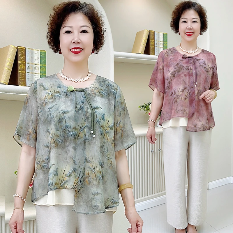 妈妈夏装短袖T恤洋气质国风套装阔太太宽松显瘦两件套中老年女装