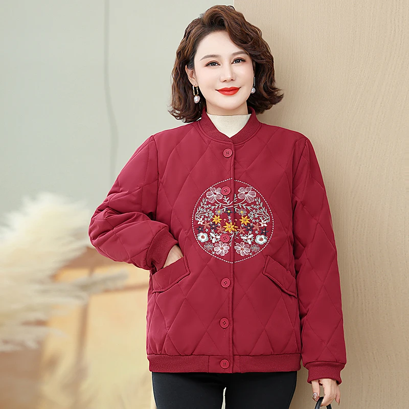 中国风绣花中年女士棉衣秋冬外套宽松加棉加厚妈妈装大口袋棉服