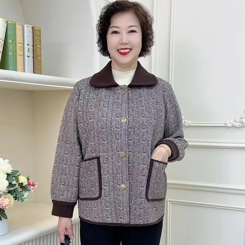 妈妈秋装针织外套洋气质阔太太高贵翻领毛呢上衣50岁中老年女装