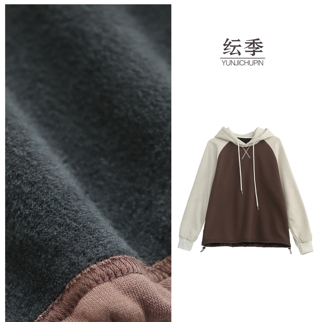 【纭季原创】衣长60 秋冬新款百搭休闲拼色图案连帽卫衣女D241567