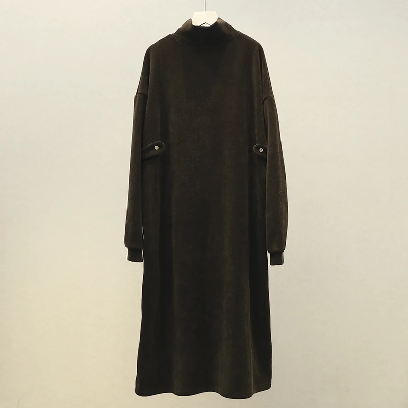 【纭季原创】 2022秋冬新款半高领加绒宽松气质黑色连衣裙女a434