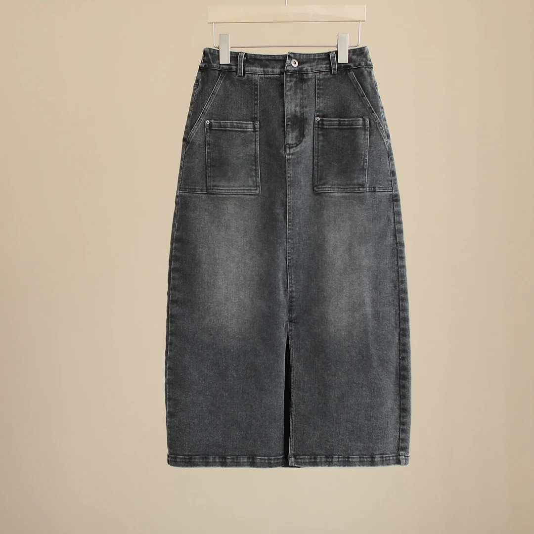 【纭季原创】裙长82-84 显瘦休闲韩版前开叉牛仔半身裙D24893