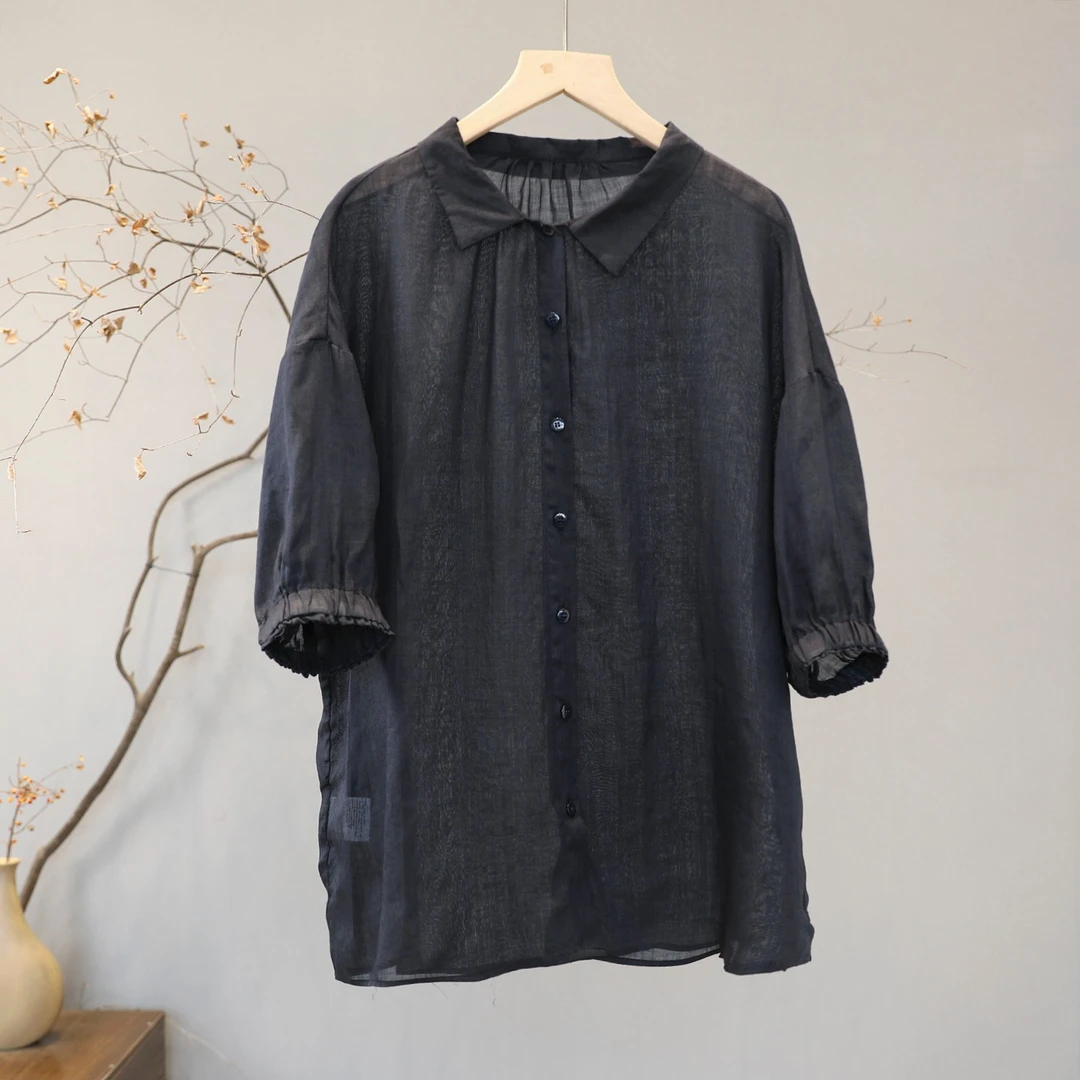 【纭季棉麻】衣长67新款衬衫女休闲拼接宽松气质显瘦时尚百搭a691