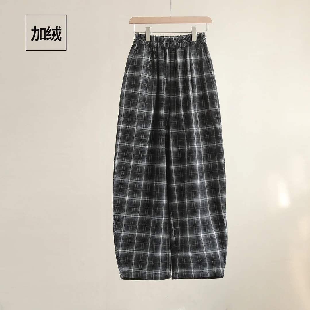 【纭季原创】裤长99-101 百搭秋冬加绒加厚格子哈伦裤D241432