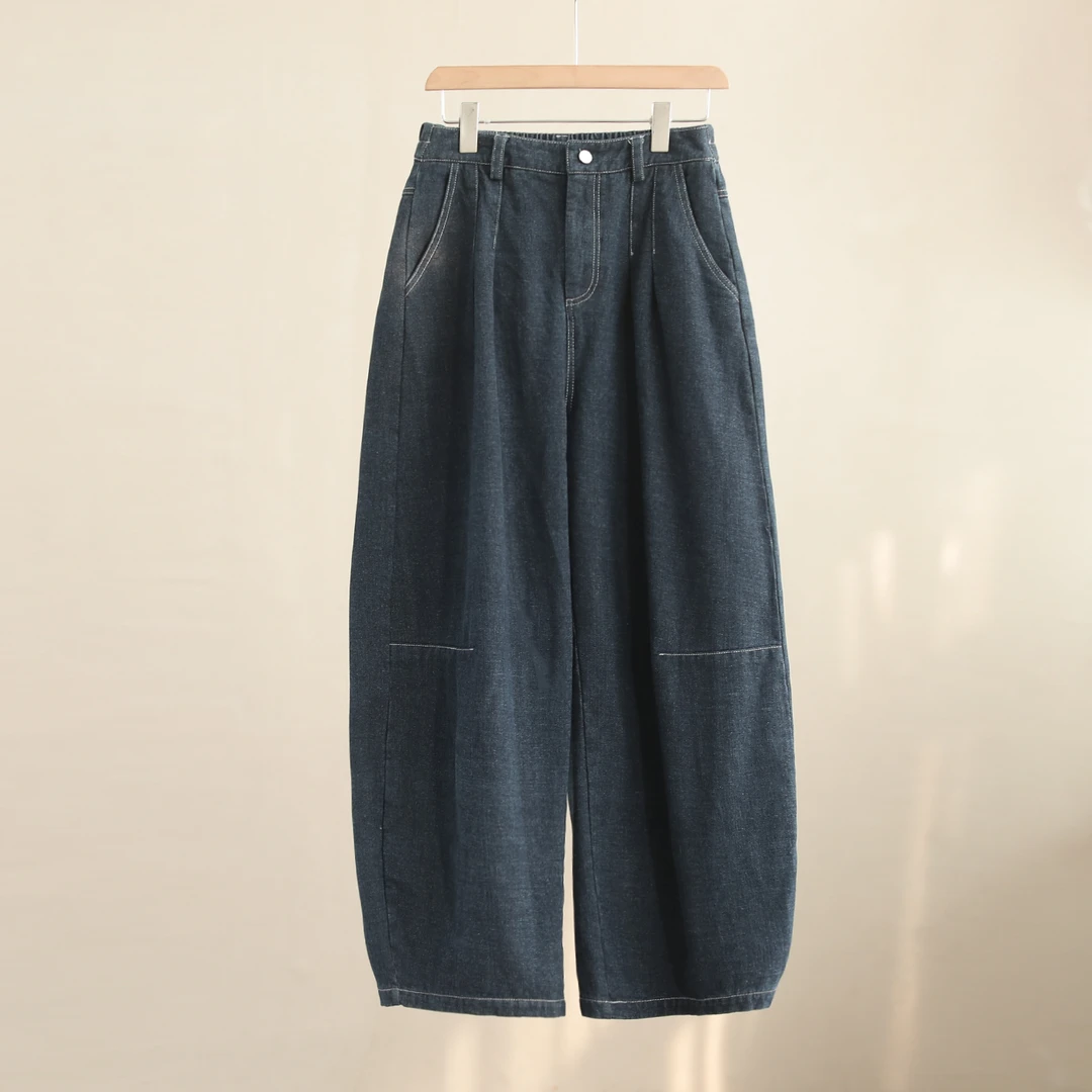 【纭季原创】裤长100-103 秋冬款纯色松紧百搭宽松牛仔裤D241459