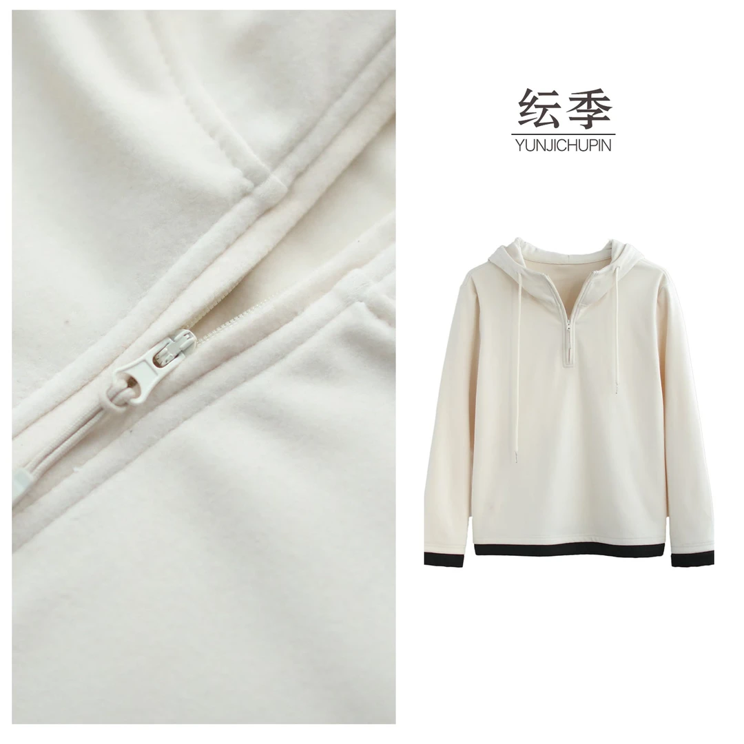 【纭季原创】衣长60 秋冬新款百搭半开襟抽绳连帽女式卫衣D241589