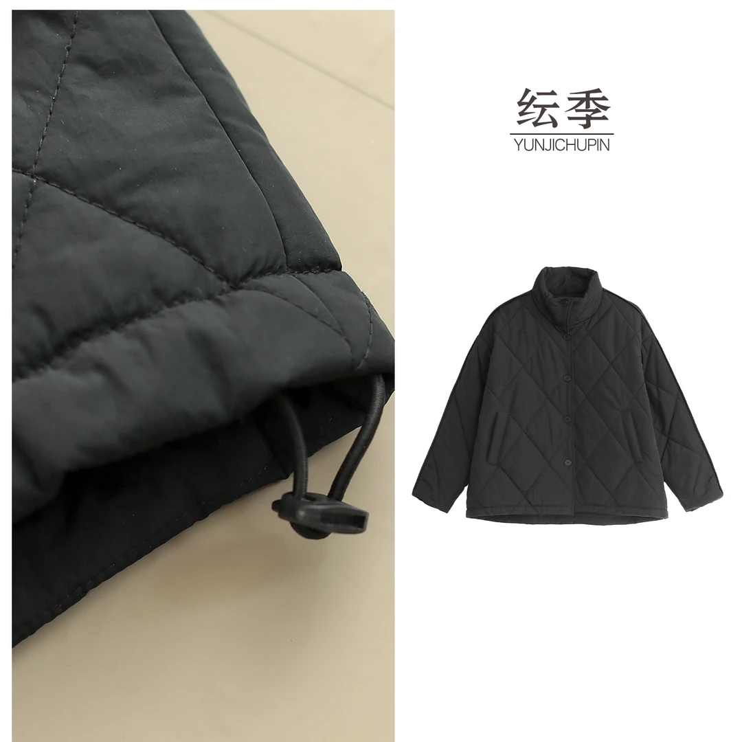 【纭季原创】衣长68 秋冬新款纯色百搭菱形格女式高领棉服D241626