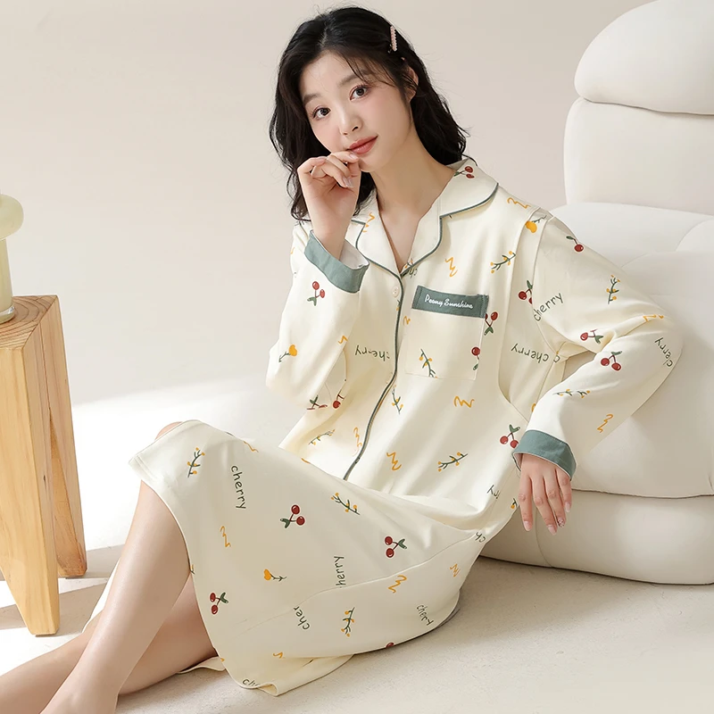 【纯棉-带胸垫】月子服秋季产后8-11月孕妇哺乳睡裙喂奶连衣长裙