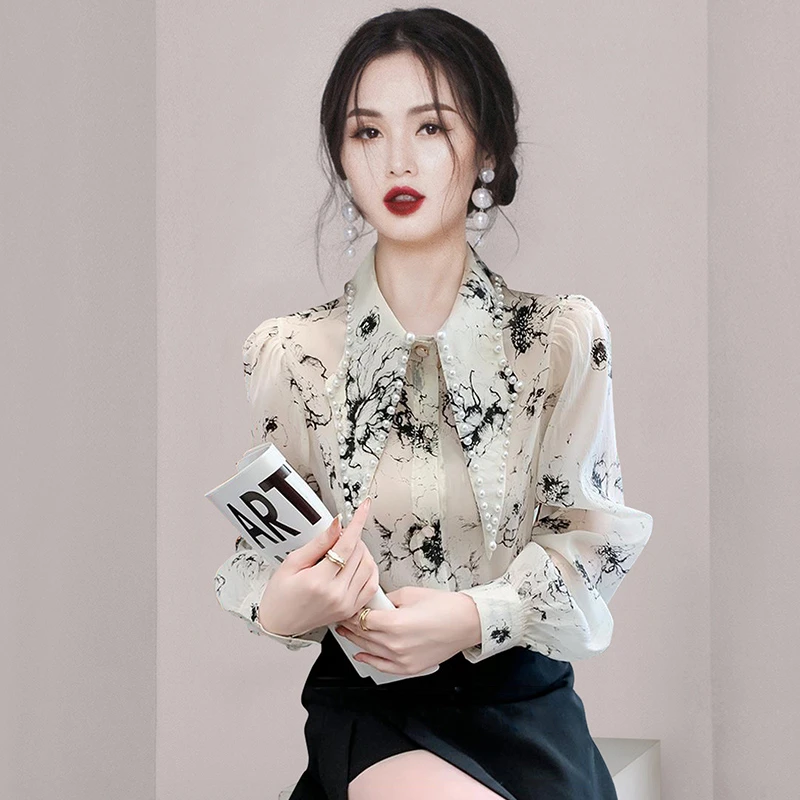 2024夏季新款沙田园长袖衬衣灯笼袖单排扣印花春夏春季小众上衣