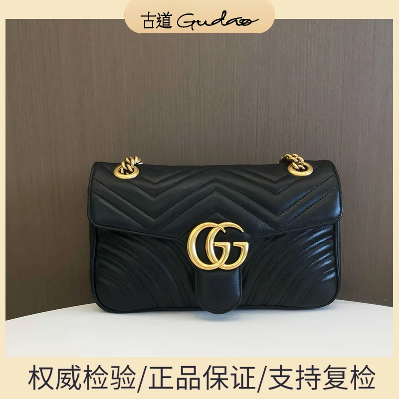 99新 GUCCI/古驰 Marmont26马蒙26中号黑金链条单肩斜挎包