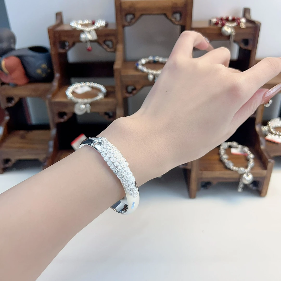 足银手镯 916孔雀开口手镯轻奢时尚百搭