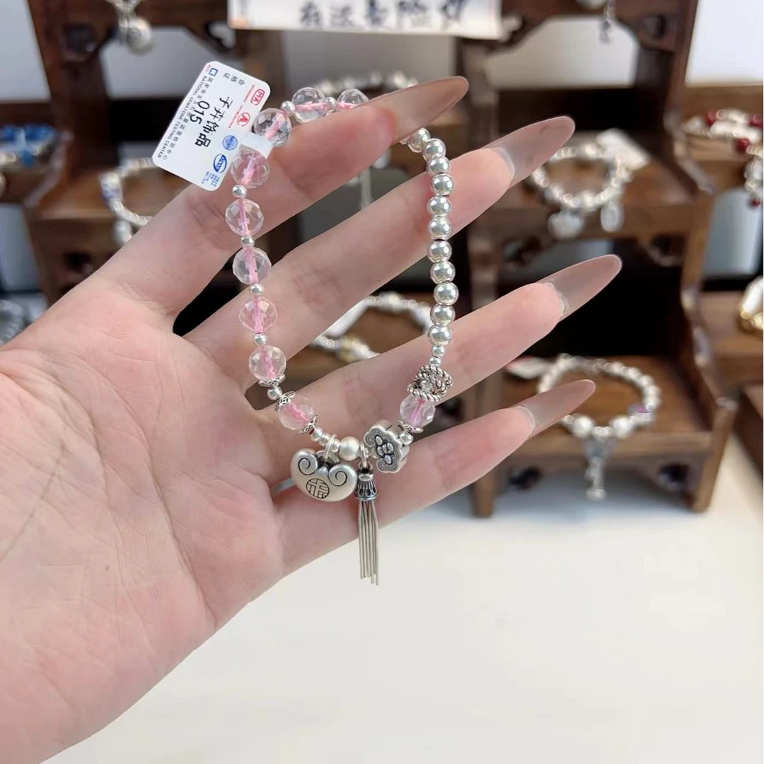 足银手链 015算盘平安锁光珠手工气质时尚复古小众甜美弹力