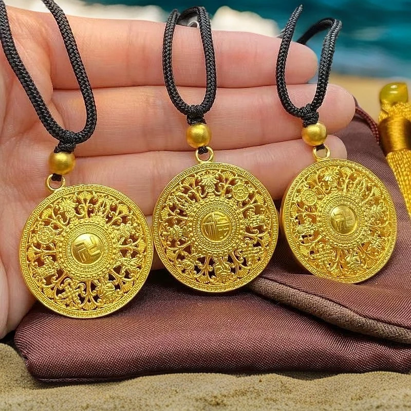 合金吊坠 全新古法吉祥八宝罗盘吊坠项链福字镂空圆盘女王风格