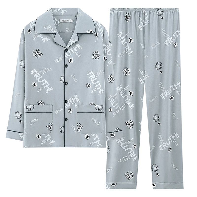 男士睡衣春秋夏季纯棉加肥青中老年人长袖大码宽松全棉家居服套装