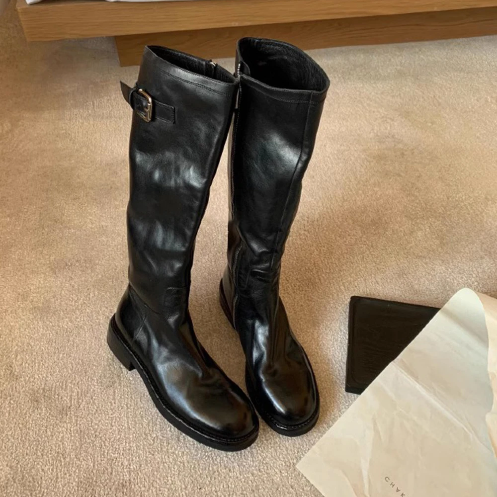 褶皱靴子长筒靴女2025新款秋冬复古做旧软皮中高筒骑士靴厚底粗跟