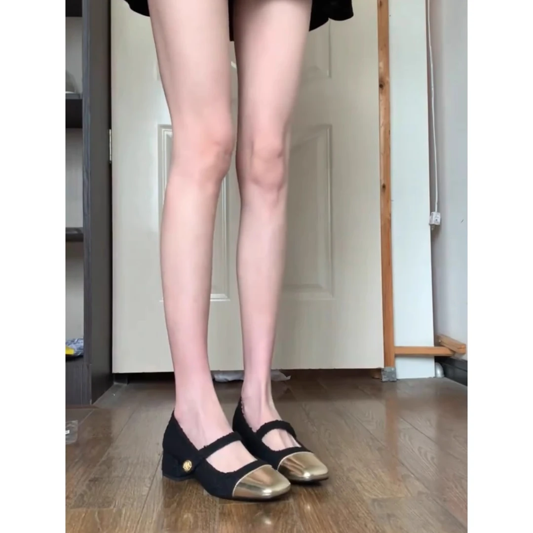 2025新款时尚小香风粗跟玛丽珍鞋女法式复古拼色一字带单鞋高跟鞋