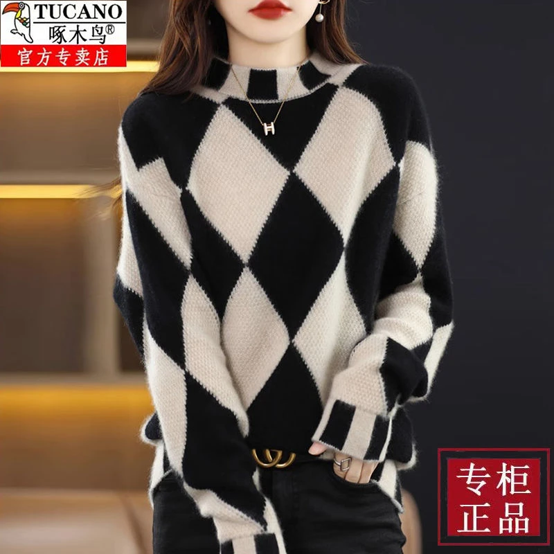 啄木鸟正品羊毛衫女秋冬季新款加厚半高领宽松拼色针织打底衫上衣