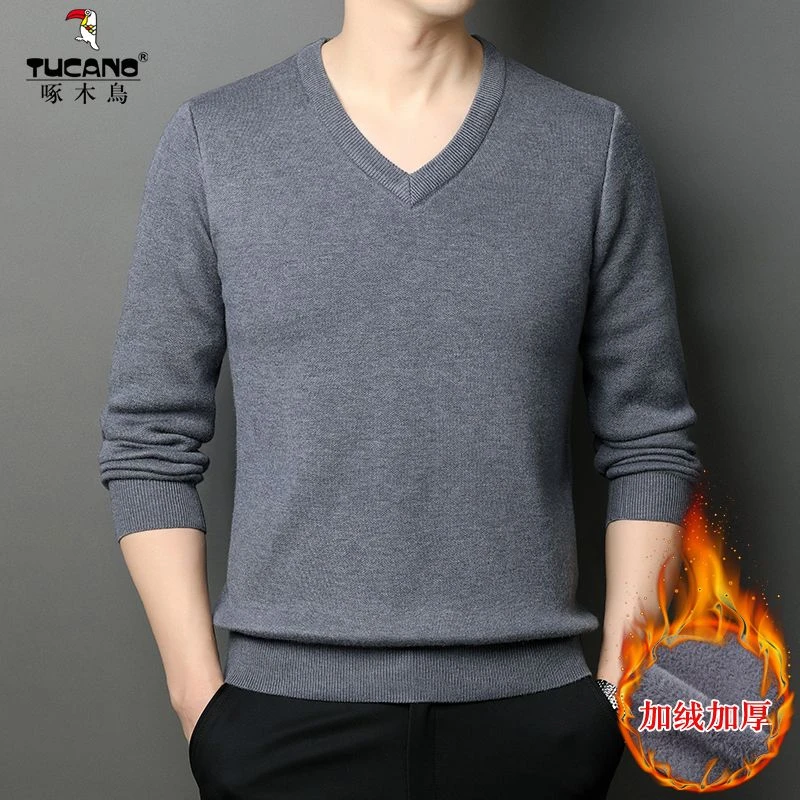 啄木鸟秋冬季V领羊毛衫男韩版潮流鸡心领加绒加厚毛衣针织打底衫