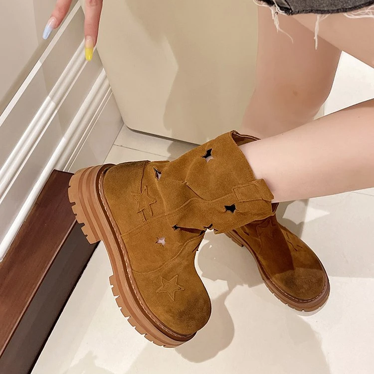 2024夏款西部牛仔靴透气马丁靴薄款镂空网红短靴复古百搭