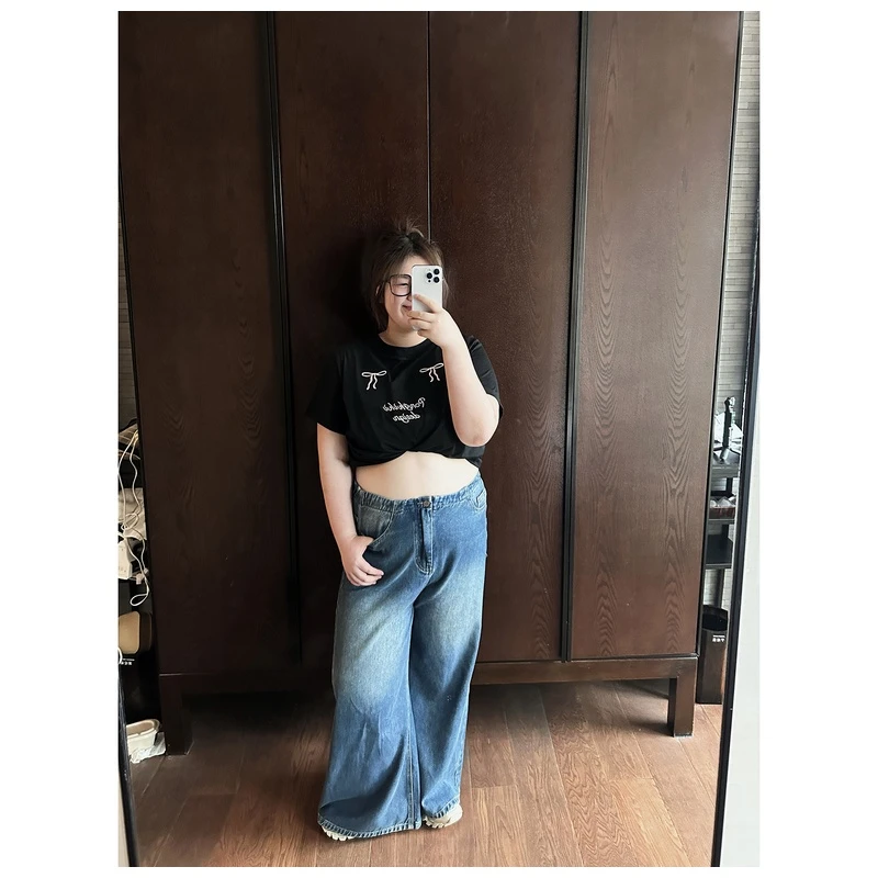 老章和小胖PONGKIKI时髦阔腿裤女大码牛仔裤夏季胖mm百搭显瘦长裤