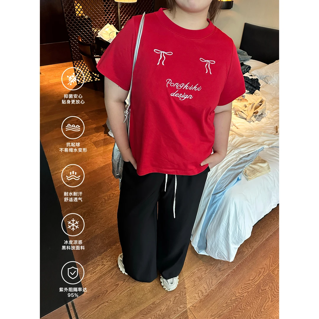 老章和小胖PONGKIKI蝴蝶结T恤女大码刺绣体恤夏胖mm宽松百搭上衣