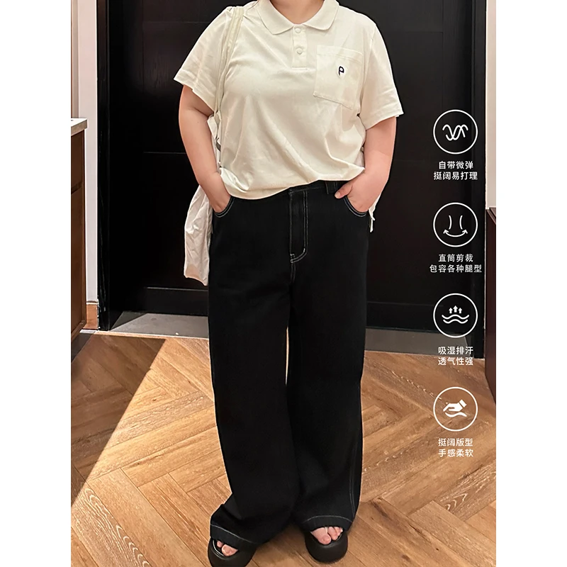 老章和小胖PONGKIKI复古裤王大码深蓝牛仔裤女夏胖mm显瘦直筒长裤